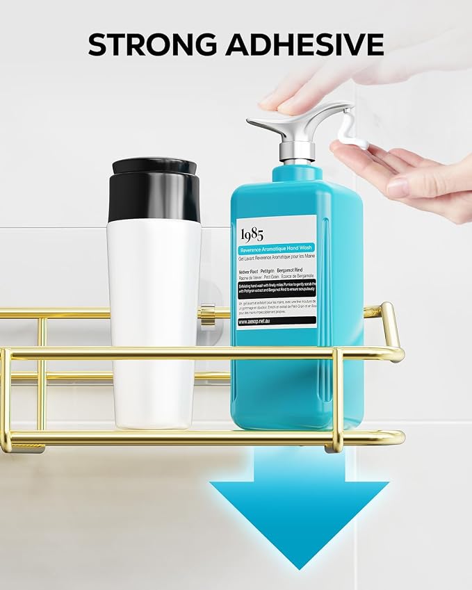 Nieifi Shower Caddy Shelf Storage Rack Adhesive Without Drilling Stainless Steel with Hooks for Washroom, Lavatory, Restroom, Toilet, Bathroom, Kitchen - 2 Pack, Golden