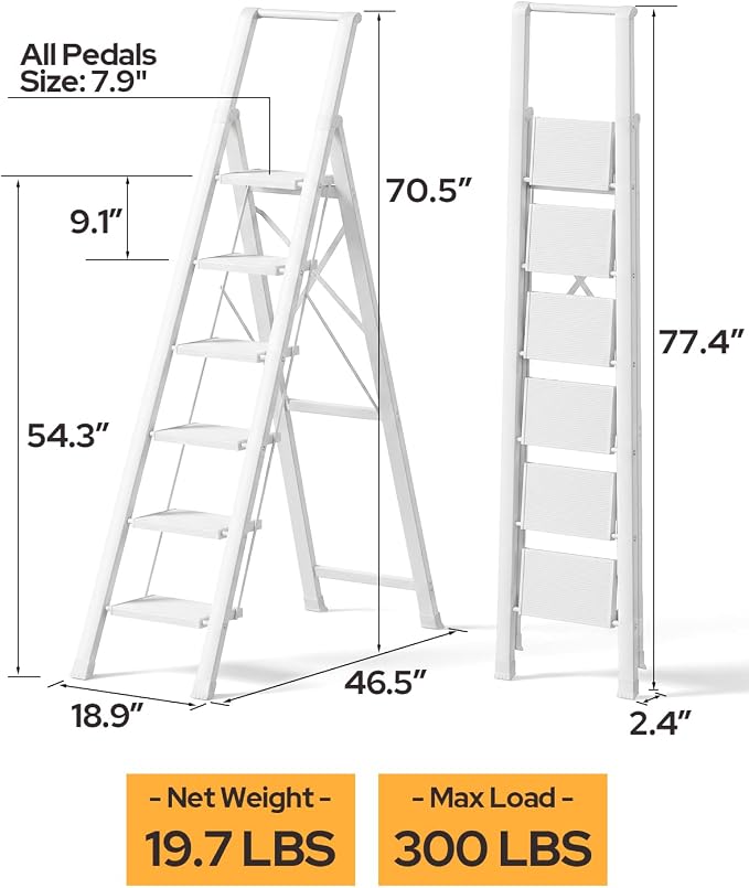 6 Step Ladder for 12 Feet High Ceiling, Lightweight Aluminum Folding Step Stool with Convenient Handgrip, Stepladders with Anti-Slip and Wide Pedal for Home Use Space Saving - White