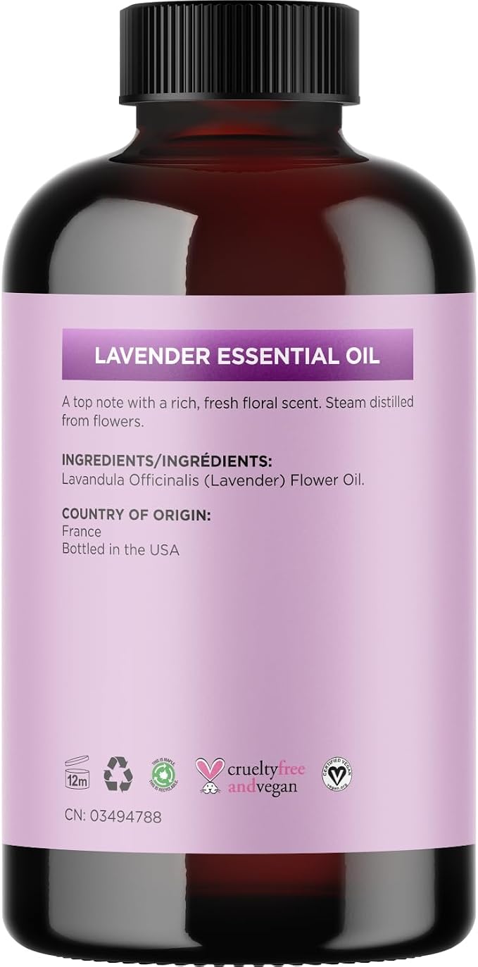Pure Lavender Essential Oil - Lavender Oil for Hair Skin and Nails Plus Aromatherapy Diffusers Humidifiers Linens and Baths for at Home Spa Self Care - Premium Grade Non-GMO in Glass Bottle (4 Fl Oz)