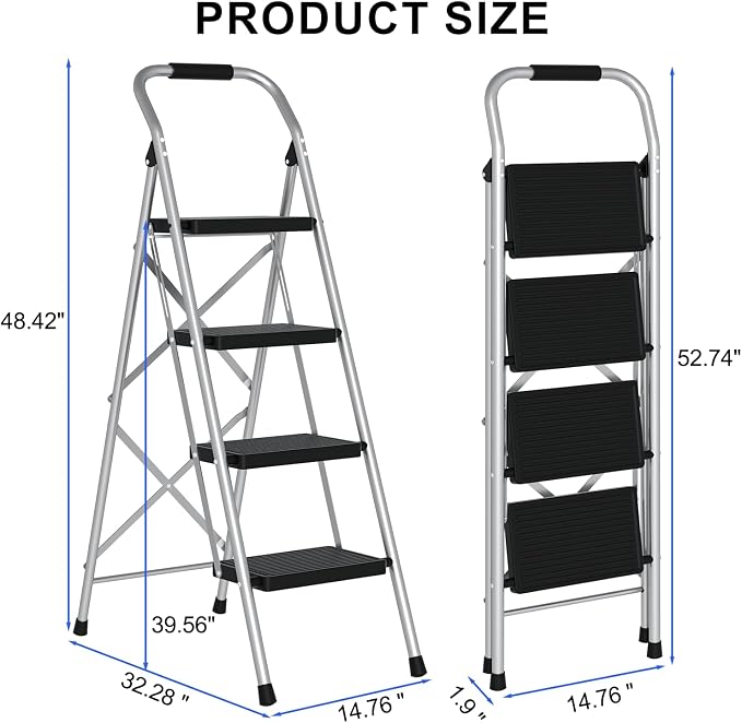 4 Step Ladder for Kitchen Step Stool, Lightweight Folding Step Stool with Curved Safety Handrail, Auto-Lock Mechanism & Non-Slip Wide Pedals, Slim 4 Step Ladder Foldable for Home Indoor（Sliver
