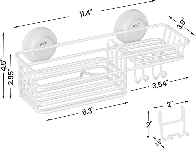 LEVERLOC Shower Caddy Suction Cup, Heavy Duty Bathroom Organizer for Inside Shower with Hooks & Soap Holder, NO-Drilling Bathroom Shelves-White