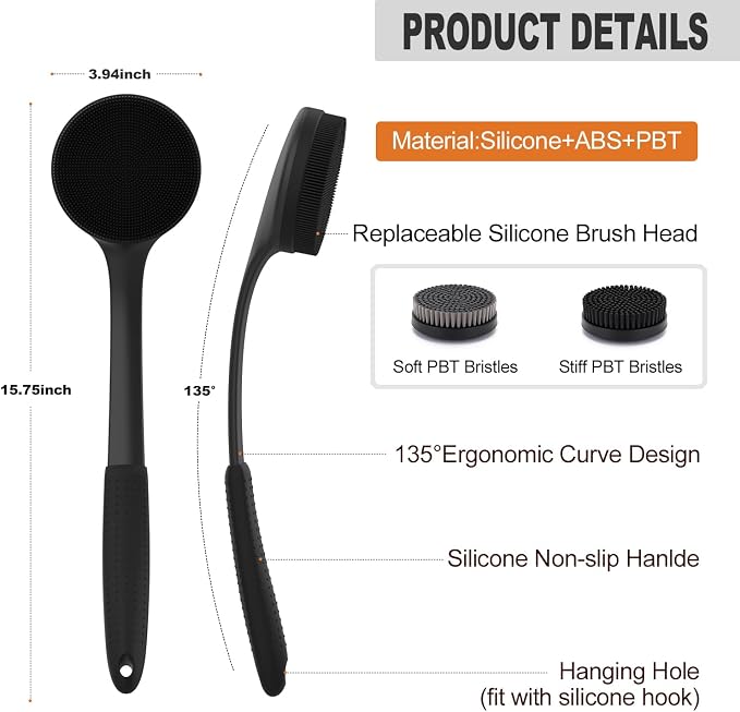 Long Handle Shower Back Scrubber,15.75 Inch Ergonomic Curved Brush with 3 Replaceable Heads with Soft and Firm Bristles,Silicone Handle for Easy Back Cleaning and Exfoliation,Bath Body Brush(Black)