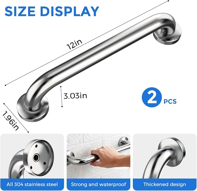 2 Pack Shower Grab Bar, Stainless Steel Bathroom Grab Bar, Shower Handle Bath Handle, Safety Bars for Shower Chair Bench, Grab Bars Senior, Elderly, Handicap(12 Inch)
