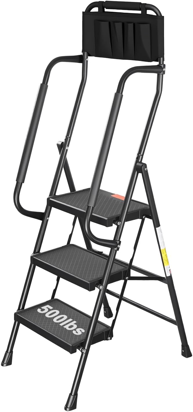 Valeo 3 Step Ladder with Handrails,500 Lbs Capacity,Folding Step Stool Ladder with Attachable Tool Bag,Lightweight & Storage Step Ladder 3 Step Folding,Multi-use for Home,Kitchen,Office,Black