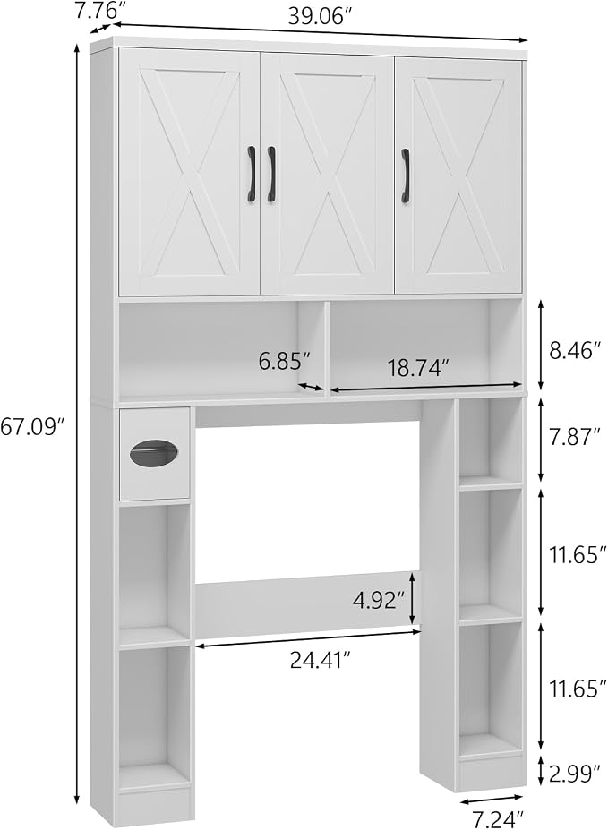 Over The Toilet Storage Cabinet, Farmhouse Toilet Cabinet Rack with 3 Barn Doors, Space Saving Bathroom Organizer with Shelves, Toilet Paper Holder and Towel Rack for Bathroom,Restroom,Laundry, White