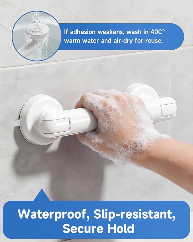 2 Pack Suction Cup Grab Bars for Bathtubs and Showers, 11 Inch Bathroom Safety Grip No Drilling & Waterproof, 230lbs Shower Handle Removable Bath Handrails for Seniors and Elderly, White