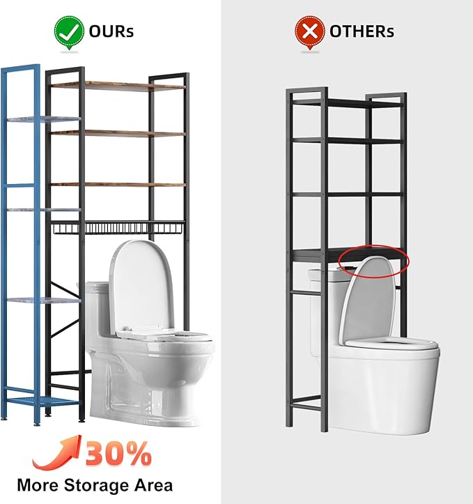 Kalrin 8-Tier Over The Toilet Storage with Side Rack, Over Toilet Storage Rack with Adjustable Shelf & Drain Basket, Freestanding Bathroom Organizer for Balcony, Laundry (Vintage Brown)