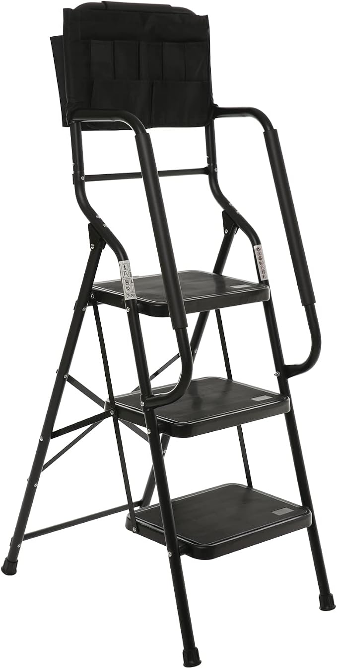Wiberwi 3 Step Ladder with Handrails 500 lb Capacity Step Stool Folding Portable Ladders for Home Kitchen Steel Frame with Non-Slip Wide Pedal Stepladder with Attachable Tool Bag Black