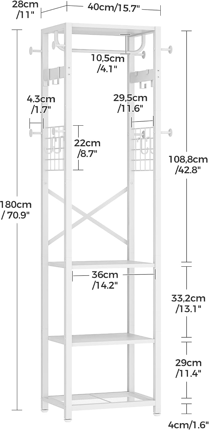 CHOEZON Coat Rack with Shelves, Freestanding Hall Tree, Coat Tree with 16 Hooks and Hanging Rail, Industrial Clothes Stand for Entryway, Hallway, Bedroom, White TYM18WB