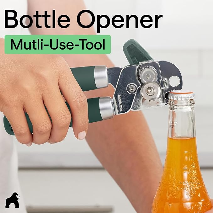 GORILLA GRIP Heavy Duty Stainless Steel Smooth Edge Manual Can Opener and Bottle Openers, Soft Comfortable Handle, Oversized Handheld Turn Knob, US Designed Multifunctional Kitchen Tool, Hunter Green