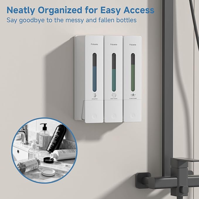 Shampoo and Conditioner Dispenser - Shower Soap Dispenser Wall Mounted No Drill - Shampoo Conditioner Body Wash Dispenser 3 Chamber - Easy Install for Bathroom Hotel White 1200ml