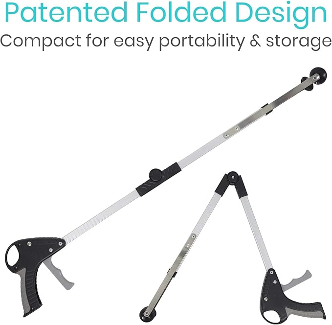 Vive Foldable Suction Reacher Grabber Tool for Elderly (1) - 32 Inches Long Reach Grabber Claw - Pick Up Grab Tool - Reachers for Disabled & Seniors Heavy Duty - Trash, Garbage, Cups Picker Assist