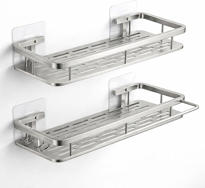 EVALAND Shower Caddy Adhesive 2-Pack with Hooks and Rod for Towels, Silver – Premium Bathroom Shower Shelves, Shampoo Organizer, Bathtub Shelf, Rustproof, Easy Installation, Sturdy Modern Look