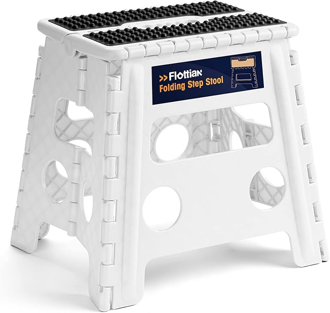 Flottian 13" Folding Step Stool for Adults and Kids Holds Up to 300 lbs,Non-Slip Folding Stools with Handle, Compact Plastic Foldable Step Stool for Bathroom,Bedroom, Kitchen White,1PC