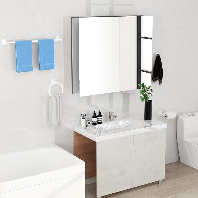 KLJKPA Bathroom Accessories Set, 4 Pieces White Bathroom Hardware Set, 24 inch Towel Bar, Towel Racks for Bathroom, Robe Towel Hooks, Toilet Paper Holder Wall Mounted