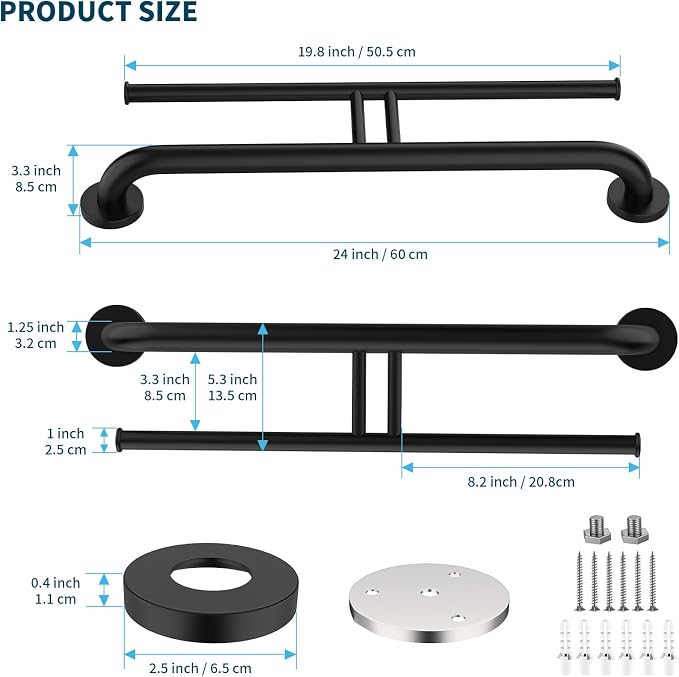 24 Inch Grab Bar w/Double Toilet Paper Roll Holder Black, iHansee Stainless Steel Shower Support Balanced Support Handle, Wall Mounted Safety Handrail Grab Rail for Elderly Senior Handicap Disabled