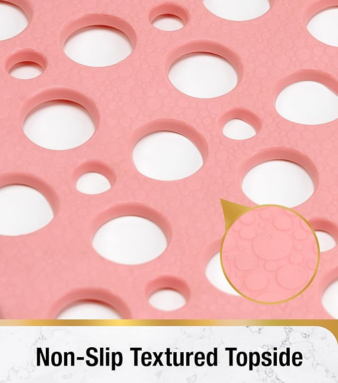 HITSLAM Shower Mat Anti Slip, 21x21 Inch No Odor Soft TPE Bathroom Shower Stall Floor Mat, Square Bath Mat for Tub Non Slip with Suction Cups and Drain Holes, Machine Washable, Soft on Feet, Pink