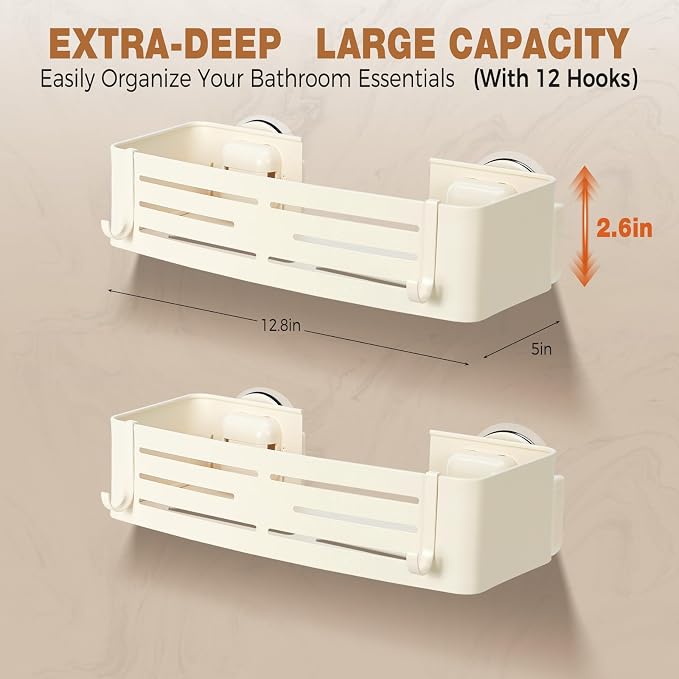 Lekesky Suction Cup Shower Caddy, No Drill Shower Shelf, Aluminum Rust Proof Bathroom Shower Organizer with 12 Hooks, （2-Pack, Cream）