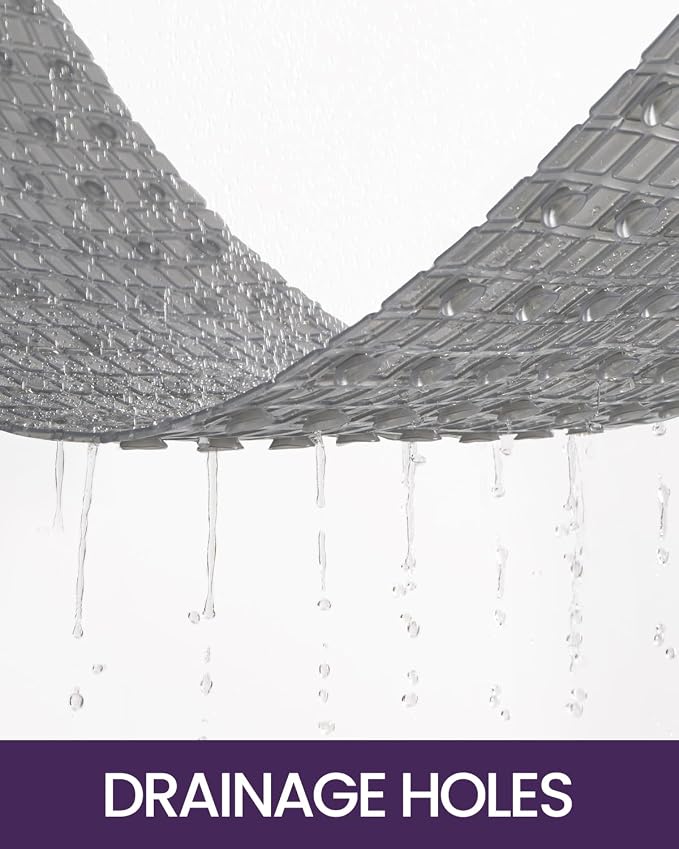 DEXI Bathtub Mat Non Slip, Extra Long 39x16, Suction Cups, Drain Holes, Machine Washable for Tub Shower Floor, Clear Grey