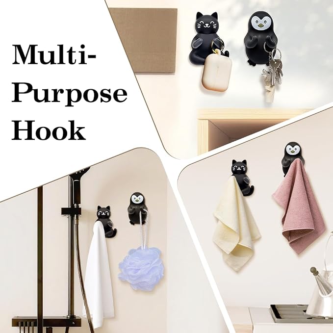 Cute Cat and Penguin Waterproof Self-Adhesive Shower Hook Set, Black Cat and Penguin Razor Holder Bathroom Accessories for Men Women Animal Lover, Animal Lover Bathroom Decor Gifts for Women Men
