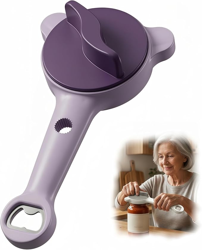4-in-1 Multifunctional Can Opener & Jar Opener for Seniors - Non-Slip Bottle Opener with Adjustable Stainless Steel Lid Remover, Effortless Opening for Weak Hands, Compact Design for Kitchen (Purple)