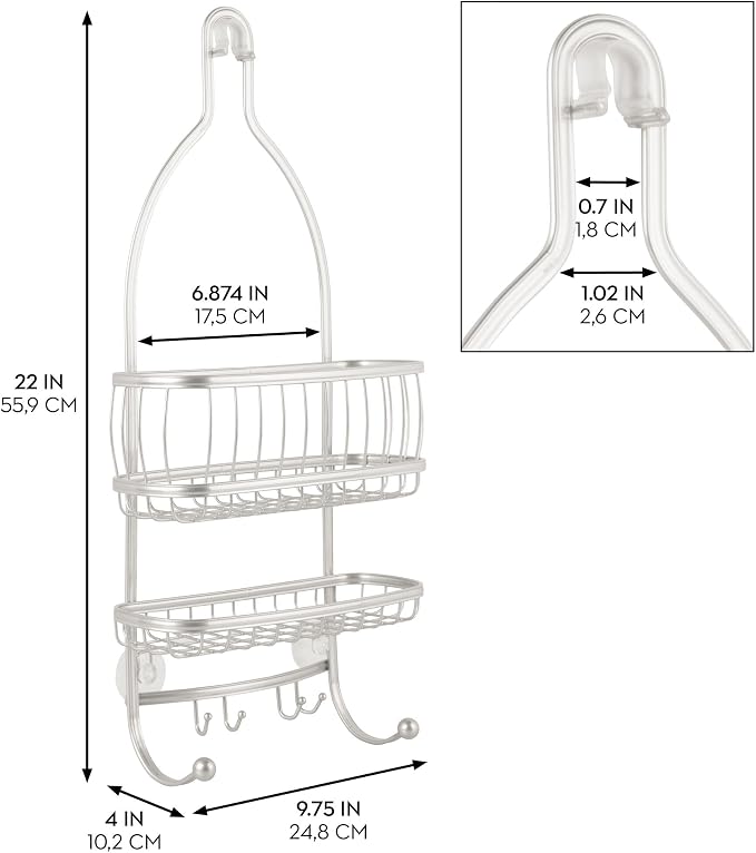 iDesign - 61974 York Metal Wire Hanging Shower Caddy, Extra Wide Space for Shampoo, Conditioner, and Soap with Hooks for Razors, Towels, and More, 10" x 4" x 22", Pearl White