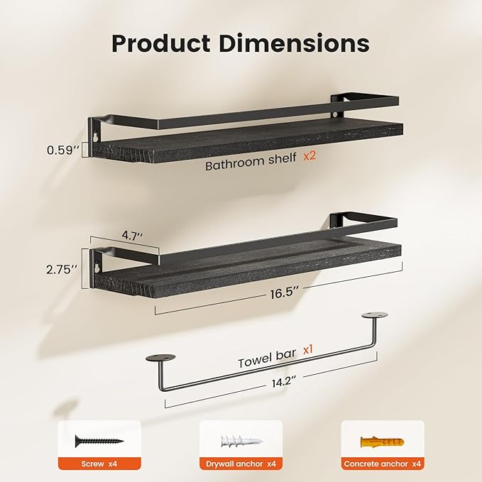 AMADA HOMEFURNISHING Bathroom Shelves with Towel Bar, Floating Shelves, Wall Shelves for Bathroom/Living Room/Kitchen/Bedroom, Black, Set of 2 - AMFS01B