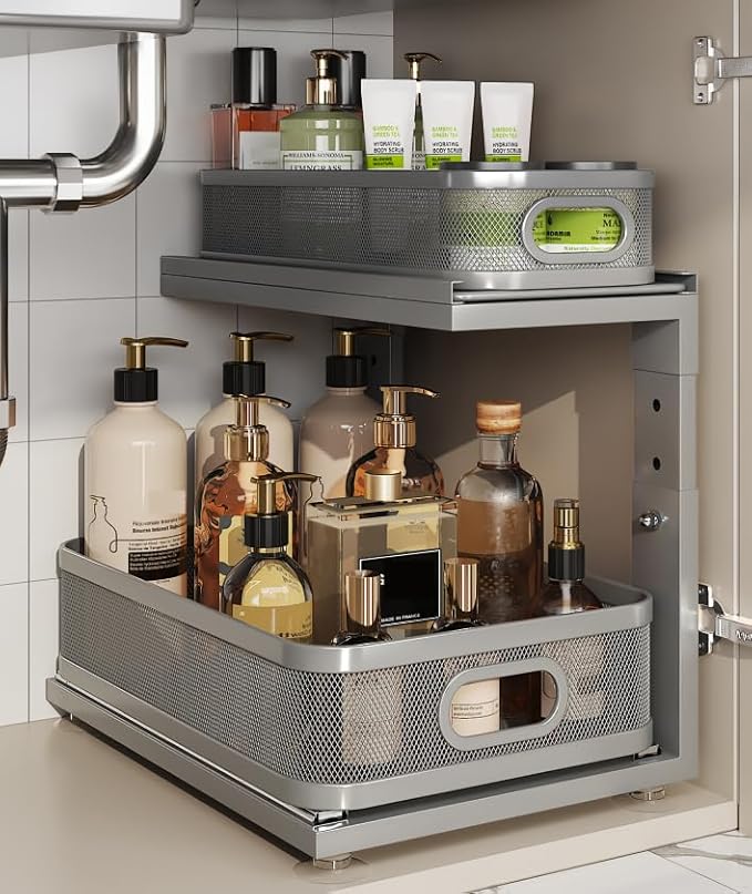 1 Pack Under Sink Organizer With Next-Gen Ball-Bearing Slides,2-Tier Precision Mesh Pull Out Cabinet Storage for Bathroom&Kitchen,Height Adjustable Drawers Shelf,Anti-rust-Grey