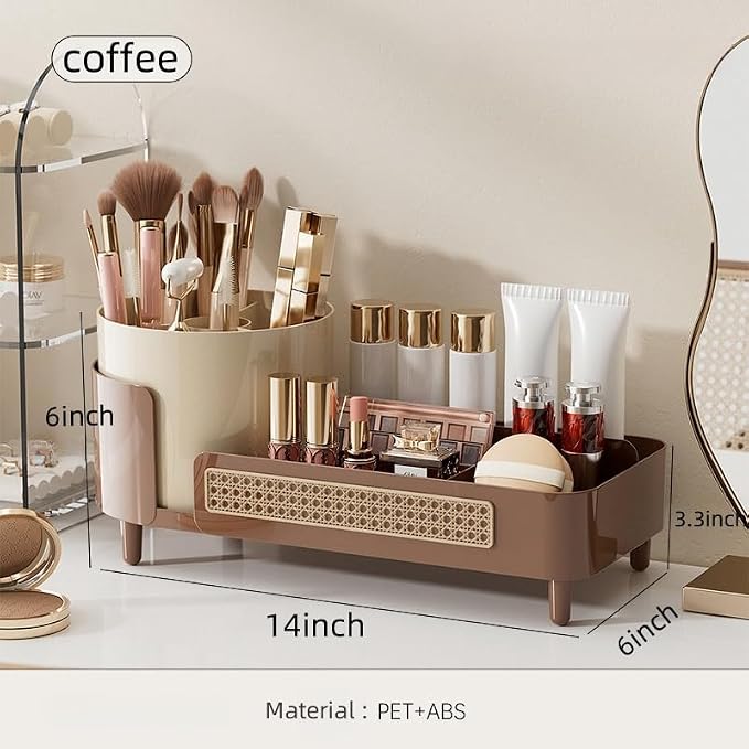 Booklov Rotating Makeup Caddy Organizer for Vanity, Large Capacity Cosmetic Display Case, Countertop Beauty Storage Holder for Skincare, Brush Eyeliner Lipstick, Counter Table Organization, Coffee