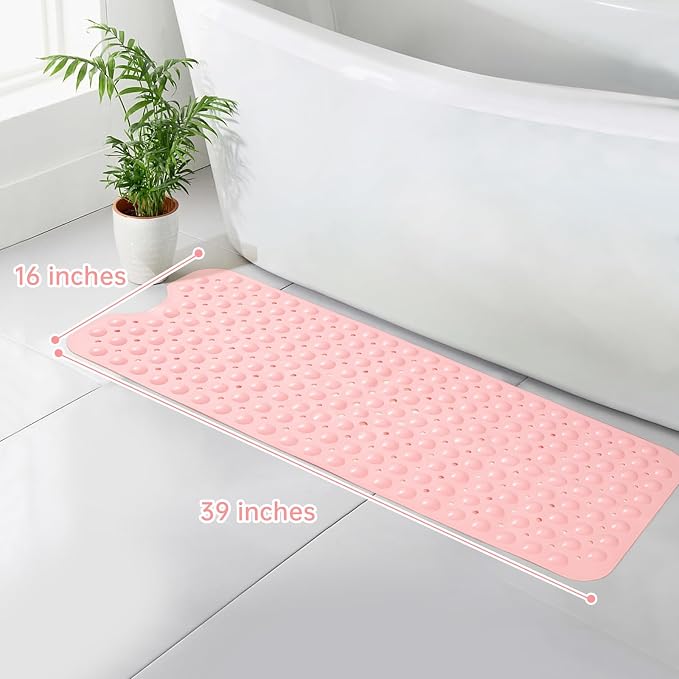 Tree Bud Bathtub Mats for Shower Tub Non-Slip Bath Mat 39 x 16 Inch Extra Long Shower Mat, Bath Tub Mat for Bathroom with Machine Washable, BPA Free for Kids (Opaque Pink)