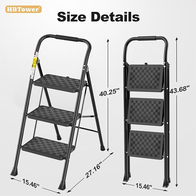 HBTower 3 Step Ladder, Step Stool Foldable for Adults with Wide Anti-Slip Pedal, Lightweight 3 Step Ladders for Home, Black