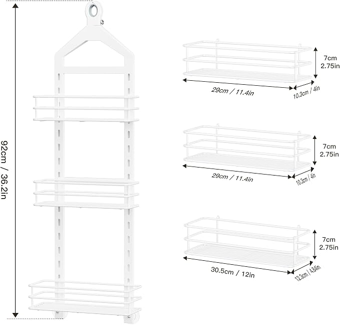 Orimade Adjustable Anti-slip Shower Caddy over Head, Rustproof Bathroom Hanging Shower Organizer with 2 Hooks for Razor, No Drilling Shower Shelves Storage Rack 3 Tier, White