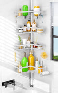 HAMITOR Shower Caddy Tension Pole: 4-Tier Corner Bathroom Organizer Shelf with Soap Holder & Hooks - No-Drill Adjustable Storage Rack for Apartment Renters - 47-123 Inch White