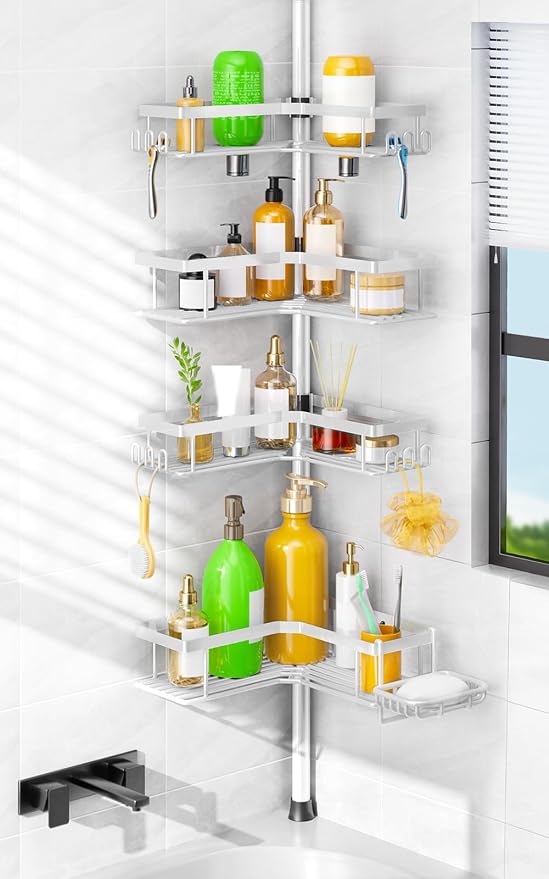 HAMITOR Shower Caddy Tension Pole: 4-Tier Corner Bathroom Organizer Shelf with Soap Holder & Hooks - No-Drill Adjustable Storage Rack for Apartment Renters - 47-123 Inch White