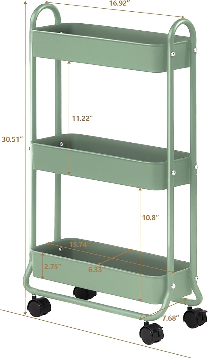 SunnyPoint Slim Rolling Storage Cart, 3 Tier Bathroom Storage Organizer Bathroom, Laundry Utility Cart (Turq)
