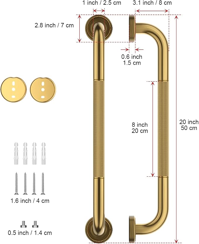 2 Pack 20 Inch Bronze Shower Grab Bar Gold, Munzong Antique Brass Bathroom Grab Bar w/Anti-Slip Knurled Grip, Safety Balance Bar Bath Hand Rail Support Handicap Injury Elderly Senior Assist Handle