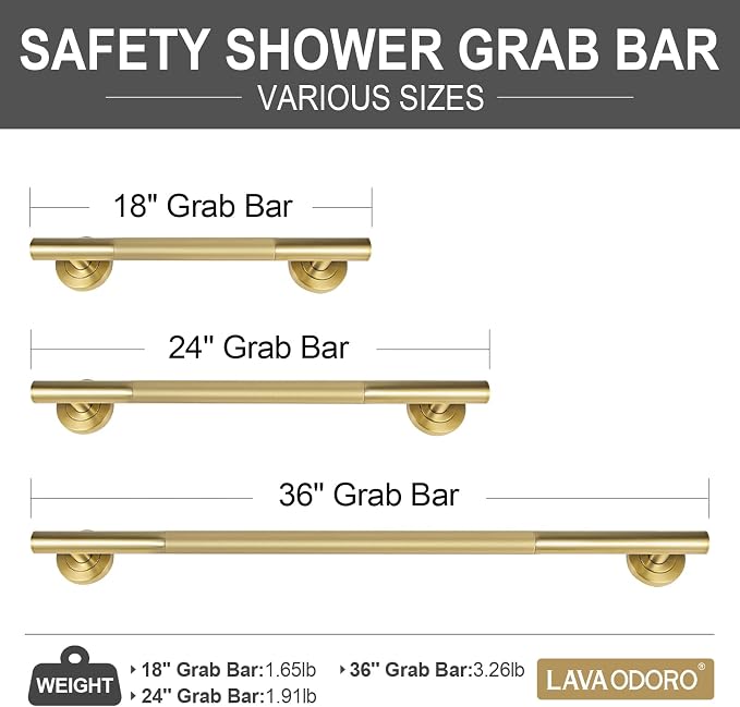 Lava Odoro Gold Shower Grab Bars, 3 Pack Stainless Steel Bathroom Safety Grab Bar 36" 24" 18", Upgrade Anti-Slip Knurling Shower Grab for Bathtub, Shower Handle for Elderly and Handicap, ADA Compliant