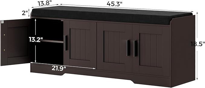 Homleke 2-Tier Storage Bench, Shoe Bench with Thickened Padded Seat Cushion, Entryway Bench with 4 Doors, Adjustable Shelf, 13.8" D x 45.3" W x 18.5" H, for Entryway, Living Room, Bedroom, Brown