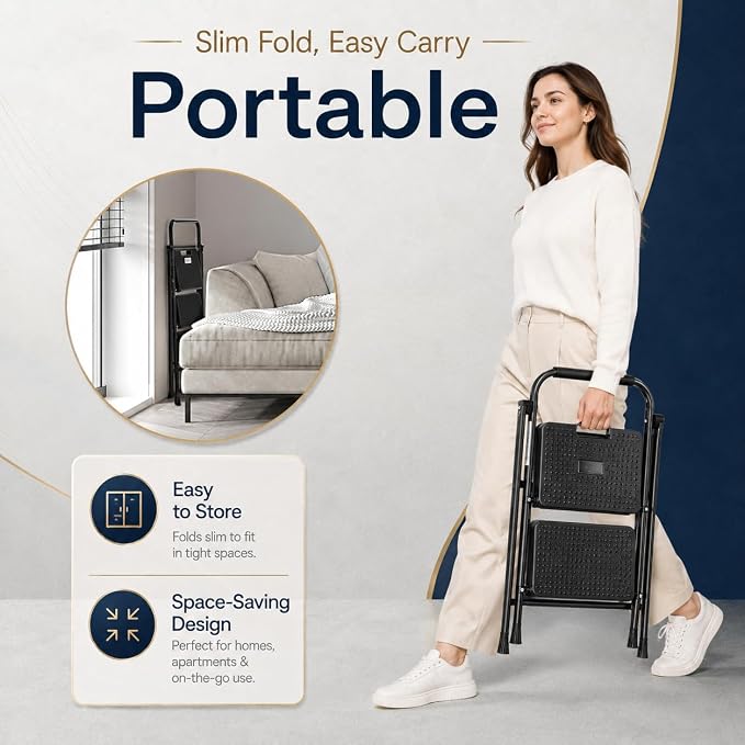 Simple Deluxe 2 Step Ladder, Step Stool Foldable, 800lbs Portable Ladder with Wide Anti-Slip Pedal, Step Stool for Adults, Lightweight Step Ladder for Home Kitchen and Outdoor