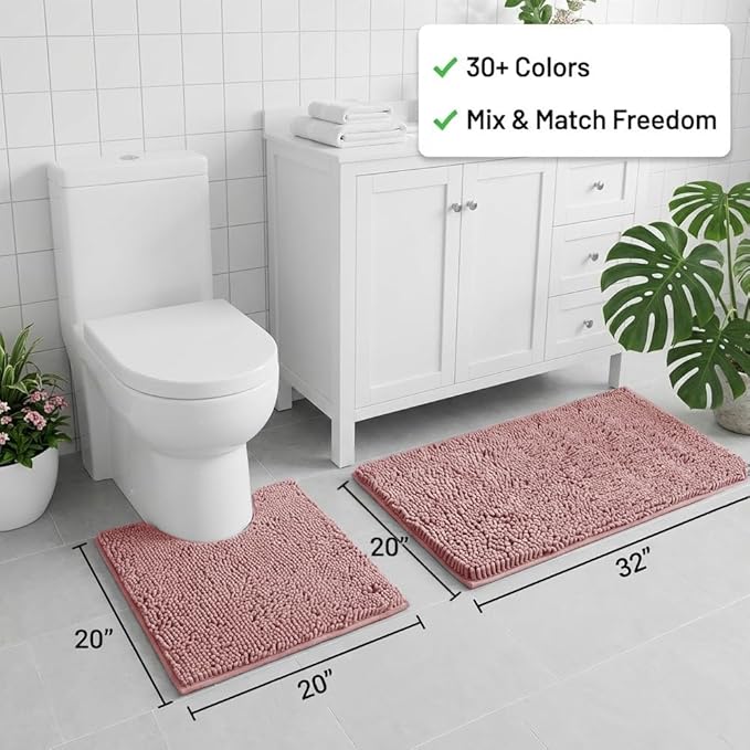 Bathroom Rugs Sets 2 Piece,Super Absorbent Chenille Bath Mats and U-Shaped Toilet Rug,Strong PVC Non Slip Backing,Microfiber Washable Dry Quickly Bath Mats for Bathroom(20"x32"+20"x20"U, Dusty Rose)