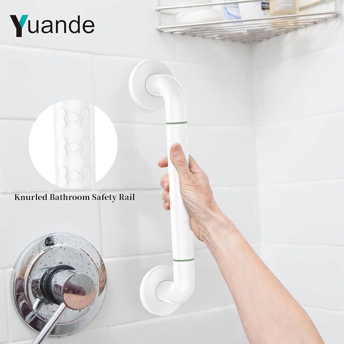 Grab Bars for Shower 14", YuanDe White Bath Grab Bar with Anti-Slip Grip and Safety Luminous Circles, Stainless Steel Bathroom Safety Handrail Support, Safety Bar Handle for Disabled Elderly Pregnant