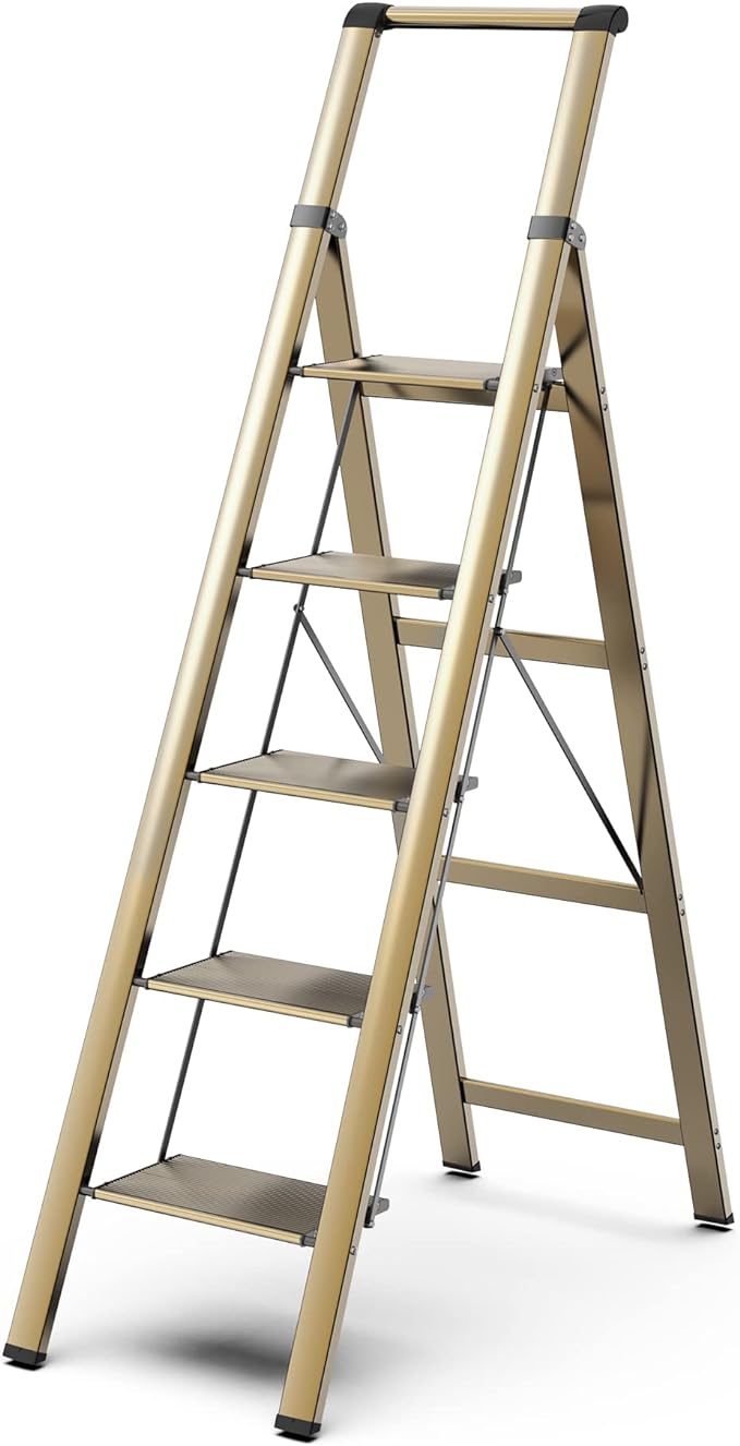 5 Step Ladder for 10 Feet High Ceiling, Lightweight Aluminum Folding Step Stool with Convenient Handgrip, Stepladders with Anti-Slip and Wide Pedal for Home Use Space Saving - Gold