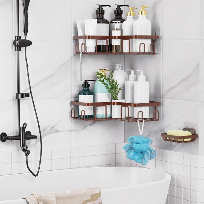 Moforoco Corner Shower Caddy Shelf Organizer Rack, Self Adhesive Black Bathroom Shelves Basket, Home Wall Shower Inside Organization and Storage Decor Rv Accessories, First Apartment Essentials(Brown)