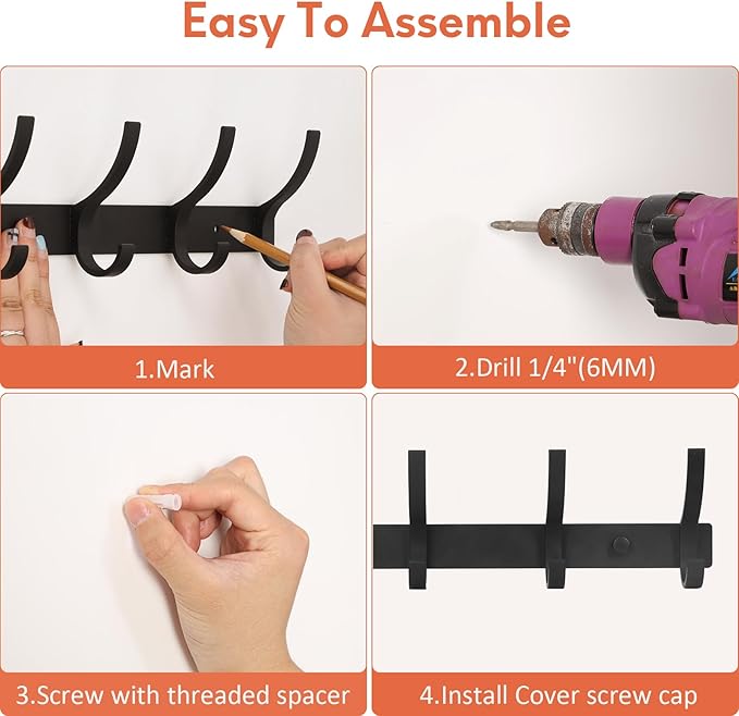 Optish Coat Rack Wall Mount, Coat Hook Wall Mount, Wall Hooks for Hanging, Hat Rack for Walls, Coats Hanger with 10 Hook, Towel Hooks for Bathrooms (1 Pack, Black)