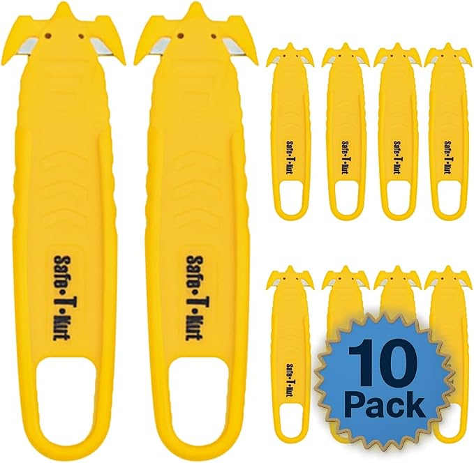 Safe•T•Kut Safety Box Cutter 10 Pack – Enclosed Blade Utility Knife for Opening Boxes, Packaging, Plastic Wrap, Tape & Zip Ties