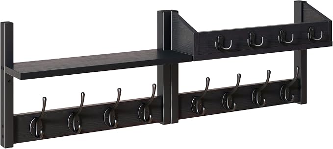 YMYNY 31.5" Coat Rack Wall Mount with Shelf, 4 in 1 Key and Coat Hanger with 12 Metal Hooks, Wall Shelf with Hooks & Mail Holder for Living Room, Bedroom, Black, HWS007B-2