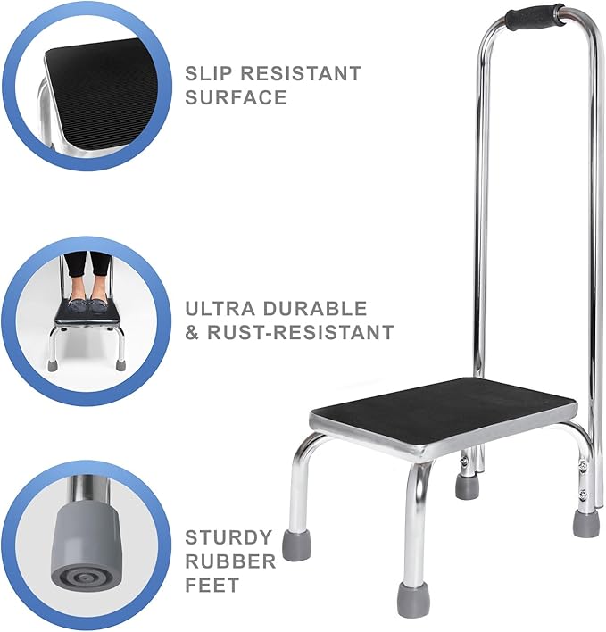 Vaunn Medical Foot Step Stool with Handle and Anti Skid Rubber Platform, Lightweight and Sturdy Stool for Children, Adults and Seniors, Chrome