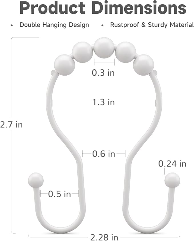Bathway White Shower Curtain Hooks and Rings - Rust Proof, Smooth Glide, Double Hooks, 12 Pcs