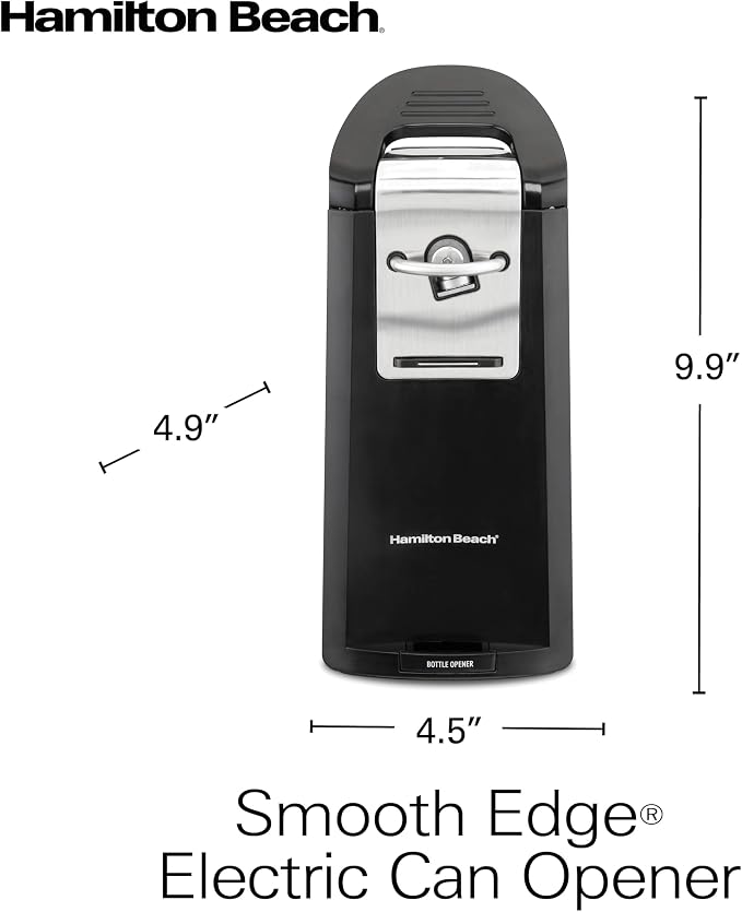 Hamilton Beach Smooth Touch Electric Automatic Can Opener Easy Push Down Lever, For All Standard-Size and Pop-Top, Extra Tall, With Bottle Opening Accessory and Built-In Knife Sharpener, Black
