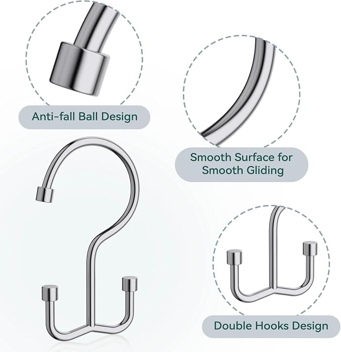 Goowin Shower Curtain Hooks, Shower Curtain Rings, Durable Rust Proof Shower Curtain Hangers, Shower Rings for Curtain, Double Glide Shower Hooks for Shower Curtain, Chrome, 12 Pack-Cylinders